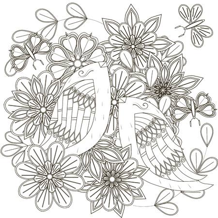 Black and white sketch of bouquet with birds, stylized flowers and butterflies for anti stress coloring page, fabric print, stock vector illustrationのイラスト素材