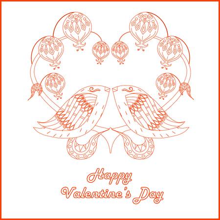 Congratulation card Happy Valentine's Day, red sketch of loving birds, stylized heart on white, fabric print, stock vector illustrationのイラスト素材