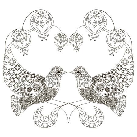 Black and white sketch of pigeons stylized heart anti stress coloring page illustration, fabric print, stock vectorのイラスト素材