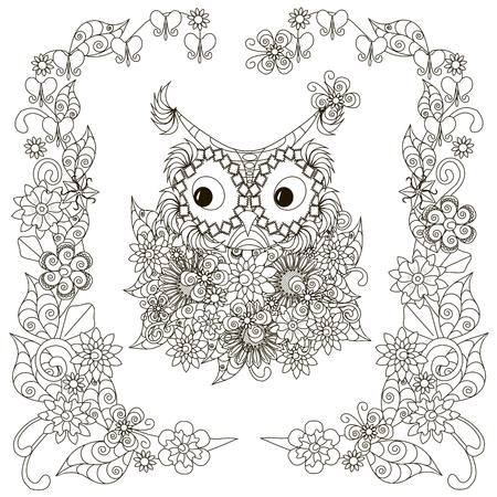 Anti stress stylized owl, flowering frame hand drawn stock vector illustrationのイラスト素材