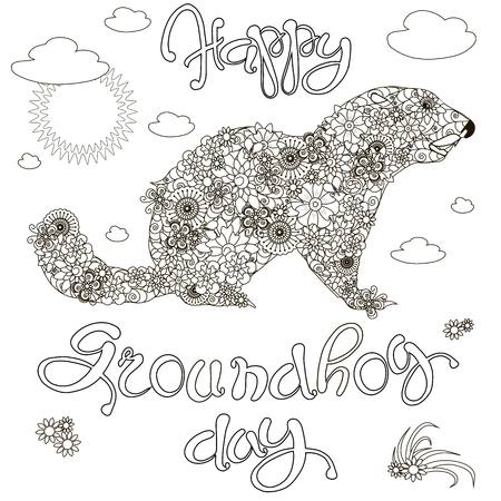 Sketch of banner Happy Groundhog day, floral groundhog, anti stress coloring bock page stock vector illustrationのイラスト素材