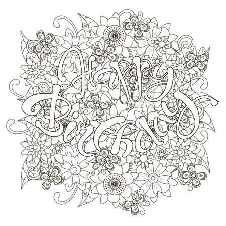 Floral monochrome doodle style background with hand drawn lettering Happy Birthday, stock vector illustrationのイラスト素材