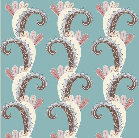 Symmetrical hand drawn blue, brown, pink, beige paisley pattern on blue, pastel color stock vector illustrationのイラスト素材
