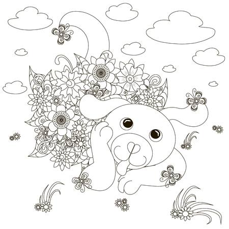 Flowers laying dog coloring page anti-stress stock vector illustrationのイラスト素材