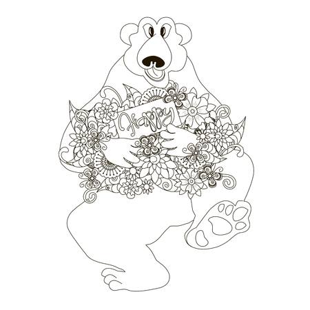 Sketch of polar bear holding flowers, card with lettering Happy, coloring book page hand drawn anti stress stock vector illustrationのイラスト素材