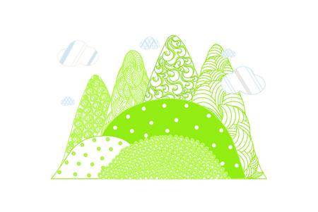 Zentangle hand drawn green mountain landscape, blue and pink clouds on white, stock vector illustrationのイラスト素材