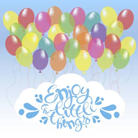 Congratulation card with blue lettering Enjoy the little things on white, bright ballons on blue sky stock vector illustratioのイラスト素材