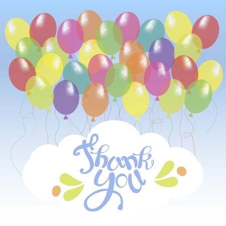 Banner with blue lettering Thank you on white cloud, bright ballons on blue sky stock vector illustrationのイラスト素材