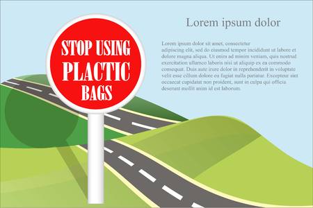 Motivation banner Stop using plastic bags, red sign, green hills, grey road Lorem ipsum on blue, stock vector illustrationのイラスト素材