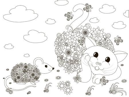 Stylized cat and mouse, flowers monochrome anti stress vector illustrationのイラスト素材