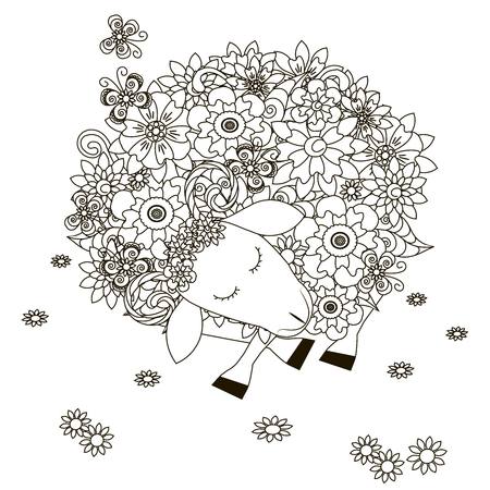 Flowers sheep, coloring page anti-stress vector illustrationのイラスト素材