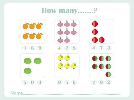 Counting educational games kids, kids activity sheet. How many task objects. Learning math, numbers, addition themes, stock vector illustrationのイラスト素材