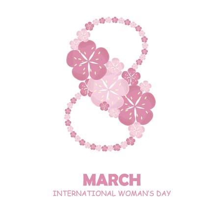 Congratulation card March 8 International Woman's Day, hand drawn painting pink sakura flowers on white, typography banner stock vector illustrationのイラスト素材