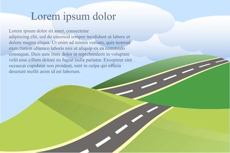 Landscape background with green heals grey road and blue clouds, Lorem ipsum vector illustrationのイラスト素材