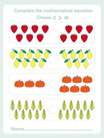 Counting educational games kids, kids activity sheet. Complete the mathematical equation, choose. Learning math, numbers, stock vector illustrationのイラスト素材