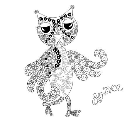 Stylized monochrome owl, doodle style anti stress stock vector illustrationのイラスト素材