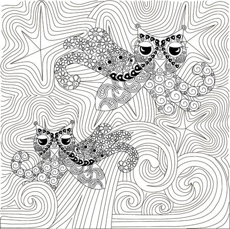 Zen tangle hand drawn black and white abstract starry night and waves, anti stress vector illustrationのイラスト素材