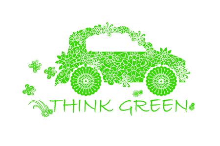 Typography banner Think green, green stylized flowers doodle car on white, stock vector illustrationのイラスト素材