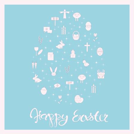 Light pink lettering Happy Easter, doodle egg on blue stock vector illustrationのイラスト素材