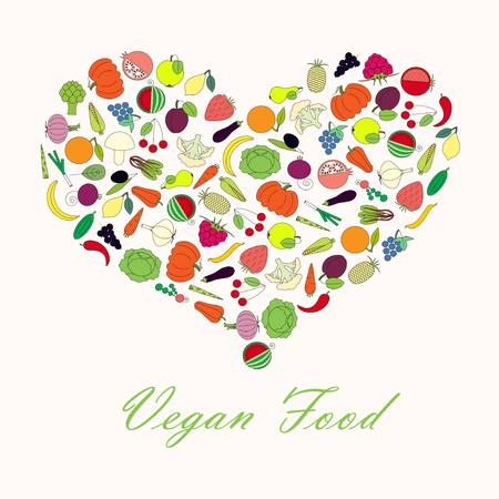 Typography banner Vegan Food. Shape heart from line colorful fruit and vegetables stock vector illustrationのイラスト素材