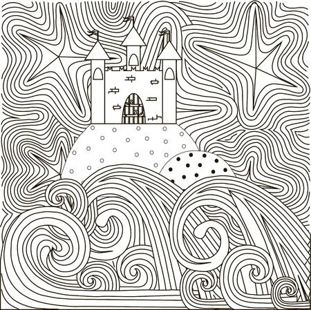 Zen tangle hand drawn black and white abstract starry night and waves, hills and castle anti stress vector illustrationのイラスト素材