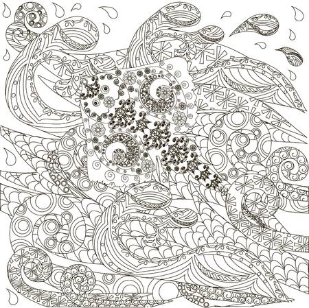 Hand drawn doodle stingray on waves, anti stress coloring page stock vector illustrationのイラスト素材