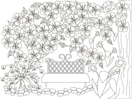 Blooming spring garden monochrome doodle for anti stress page stock vector illustrationのイラスト素材