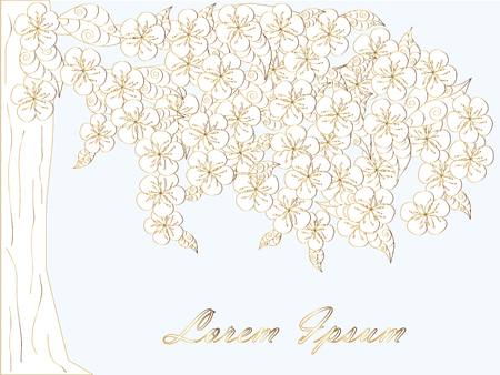 Blooming white tree background, Lorem ipsum stock vector illustration. Golden outlines on light blue backgroundのイラスト素材