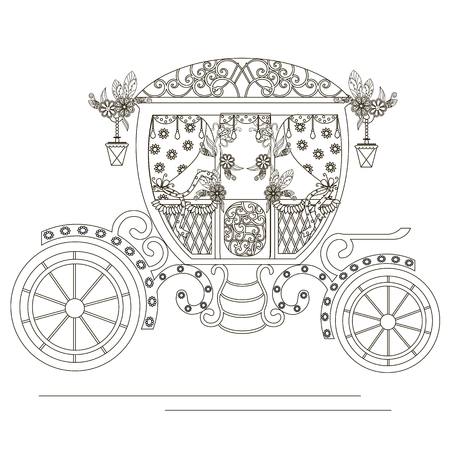 Monochrome doodle hand drawn carriage with flowers. Anti stress stock vector illustrationのイラスト素材