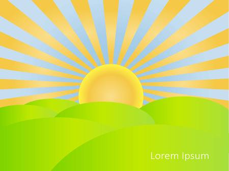 Background with sunrise, blue sky, green hills, Lorem ipsum stock vector illustrationのイラスト素材