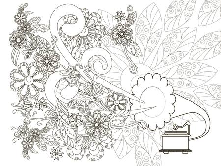Monochrome doodle hand drawn gramophone with flowers. Anti stress stock vector illustrationのイラスト素材