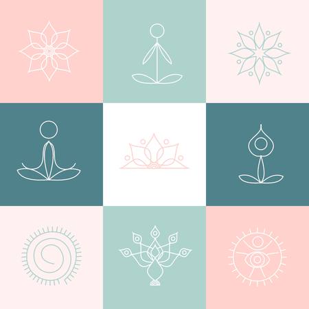 Stock vector line yoga icons, graphic design elements for logos, templates, spa center, studioのイラスト素材