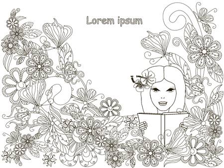 Monochrome doodle hand drawn reading girl in flowers background, Lorem ipsum. Anti stress stock vector illustrationのイラスト素材