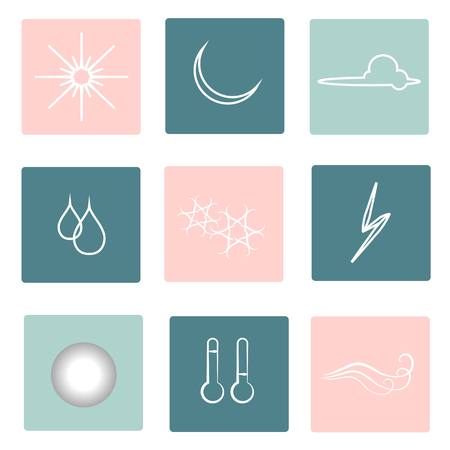 Weather flat square icons. White outlines, clouds, fog, moon, sun, rain, snow, storm, temperature, wind against a blue and pink. Hand drawing, line design, design element, stock vector illustrationのイラスト素材