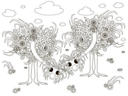 Flowers ostriches, coloring page anti-stress vector illustration.のイラスト素材