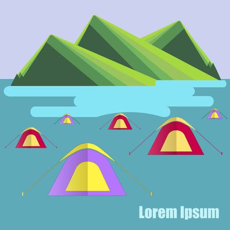 Flat design background with green mountain, blue lake, tent camp, Lorem ipsum stock vector illustration.のイラスト素材