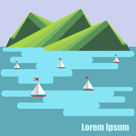 Flat design background with green mountain, blue sea, ships, Lorem ipsum stock vector illustration.のイラスト素材