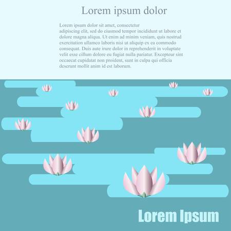 Flat design background with blue water and pink lotos, Lorem ipsum stock vector illustrationのイラスト素材