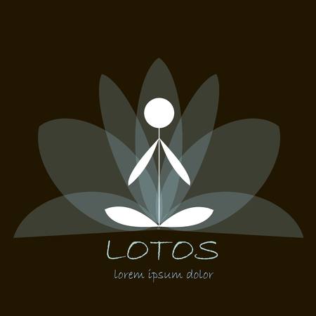 Stock vector yoga template, graphic design elements for spa center, studio, yoga club. Stylized white silhouette, lorem ipsum on transparency lotos flower background on blackのイラスト素材