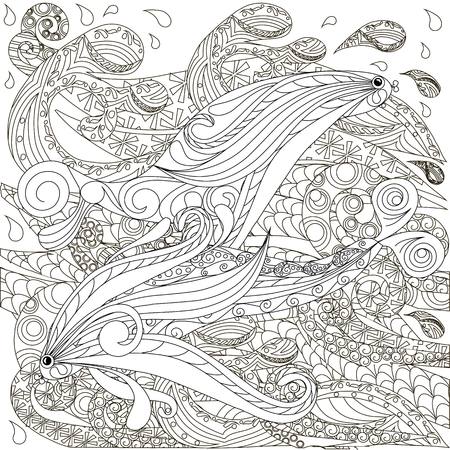 Hand drawn doodle fishes on waves, anti stress coloring page stock vector illustrationのイラスト素材