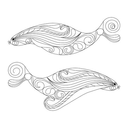 Doodle fishes coloring page anti-stress vector illustrationのイラスト素材