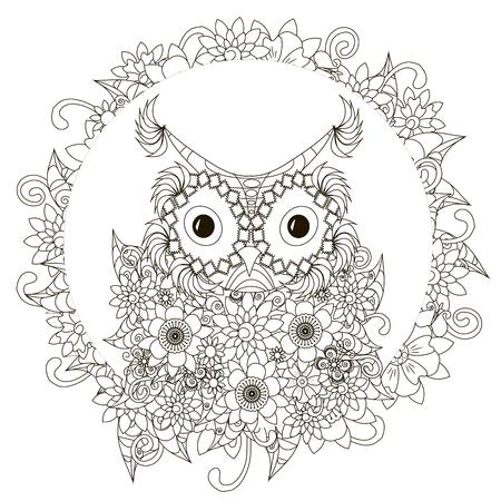 Anti stress abstract owl, flowering frame hand drawn monochrome vector illustrationのイラスト素材