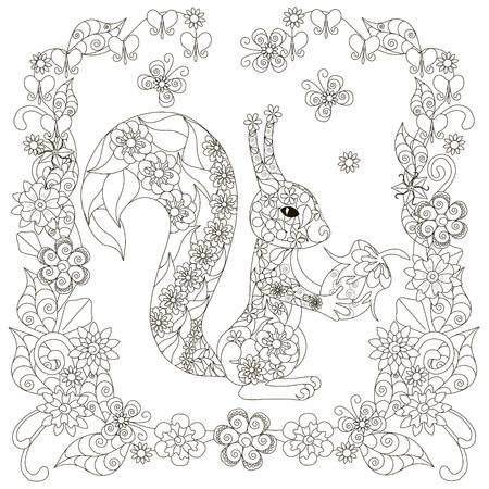 Anti stress abstract squirrel with nut, square flowering frame hand drawn monochrome vector illustrationのイラスト素材