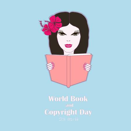 Typography banner World Book and Copyright Day, 23 april. Girl with book on blue stock vector illustrationのイラスト素材