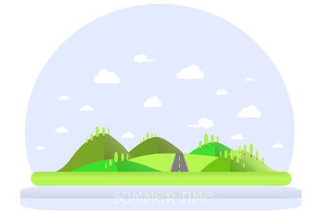 Summer landscape. Green hills, blue sky, white clouds, green trees, grey highway. Flat design, stock vector illustrationのイラスト素材