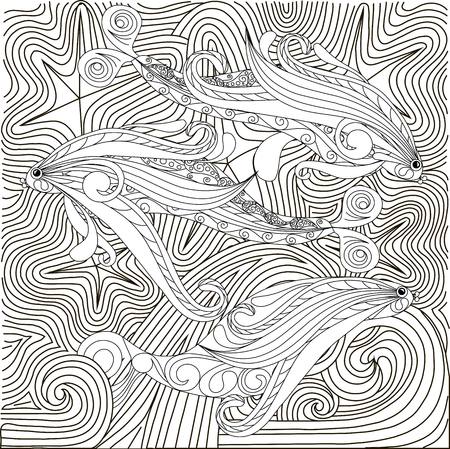 Hand drawn doodle fishes on waves, anti stress coloring page stock vector illustrationのイラスト素材
