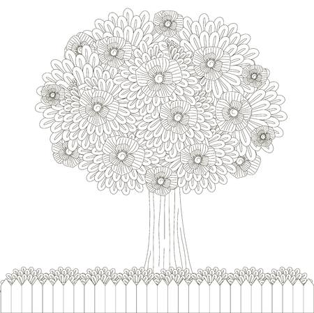 Blooming tree, fence for coloring book, anti-stress vector illustrationのイラスト素材