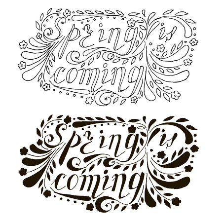 Hand drawn monochrome lettering Spring is coming, swirls, flowers stock vector illustrationのイラスト素材