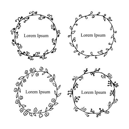 Hand drawn outlines monochrome wreath set, thin black lines, Lorem ipsum, stock vector illustration design elementのイラスト素材