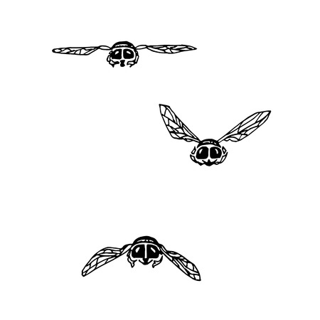 Hand drawn ink monochrome flies flying in original perspective, funny sketch stock vector illustrationのイラスト素材